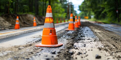 A row of orange traffic cones lined up on a dirt road with a forested background.