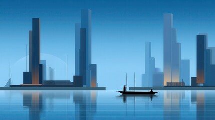 Obraz premium Abstract Cityscape River with Boat, Minimalist Architecture, Serene Water Reflection