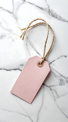 Minimalist Pink Tag with Rope on Marble Background Blank Label Mockup.
