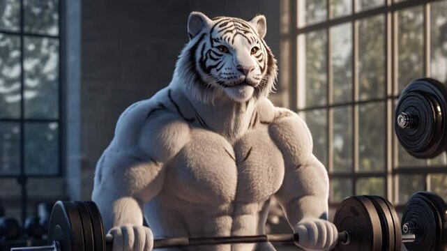 A muscular white tiger lifting dumbbells in a modern fitness center. Animal gym