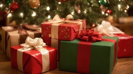 Obraz premium Festive wrapped gifts in red and green paper with decorative bows on a white background.