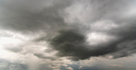 Obraz premium Banner Dramatic dark storm clouds black sky background. Dark thunderstorm clouds rainny season. Panorama Meteorology danger windstorm disasters climate. Dark cloudscape storm cloud with copy space.