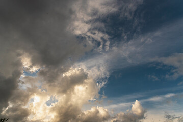 Obraz premium Dramatic dark storm thundercloud rain clouds on black sky background. Dark thunderstorm clouds rainny landscape. Meteorology danger windstorm disaster climate. Dark cloudscape storm disaster gray sky