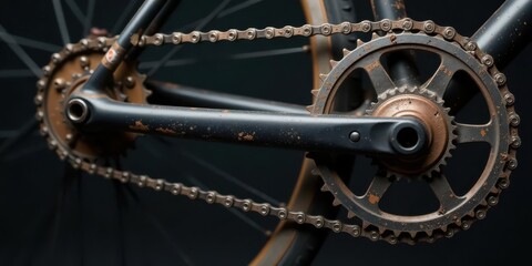 Obraz premium Close-up of a bicycle's chain and crankset, showcasing the intricate details and the textured appearance of dirt and grime on the metallic components.