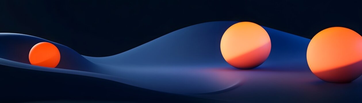 Three luminous spheres on a dark, flowing surface.