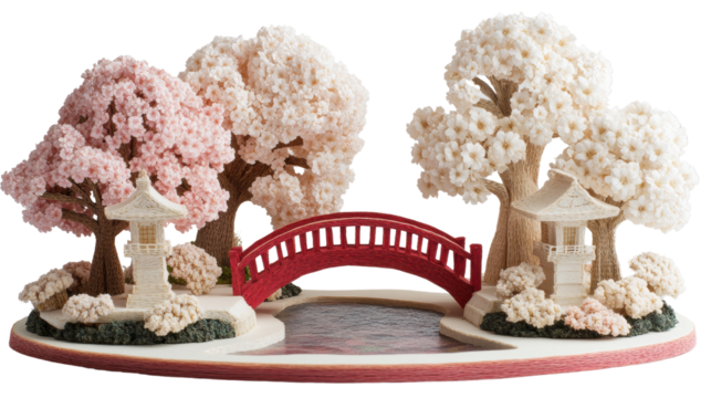 A miniature Japanese garden features cherry blossom trees a red bridge and a stone lantern ornament display.