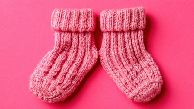 Pair of soft pink knitted socks on matching pink background with ample copy space for design use.