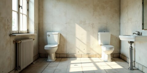 Sunlit Bathroom with Two Toilets and Pedestal Sink, Aged Walls and Floor