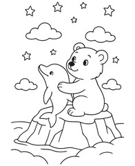 Coloring book polar bear and dolphin share a hug on an iceberg