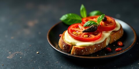 Delectable Toasted Bread with Creamy Spread, Sliced Tomatoes, and Fresh Basil Garnish