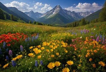 Obraz premium In the distant mountain foreground is a field of flowers