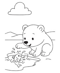 Coloring book polar bear gently touches a friendly fish in an icy pond.