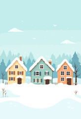 Fototapeta premium Cozy Winter Village with Snowy Houses and Pine Trees