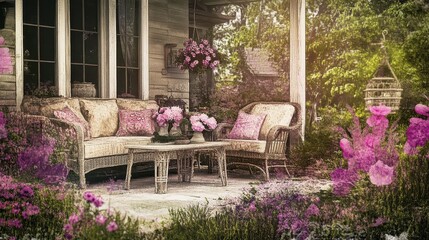 Picturesque porch setting with blooming flowers.