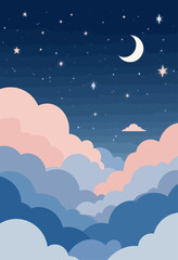 Dreamy Night Sky with Moon and Stars Above Soft Clouds