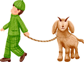 watercolor illustration of eid al adha boy with goat