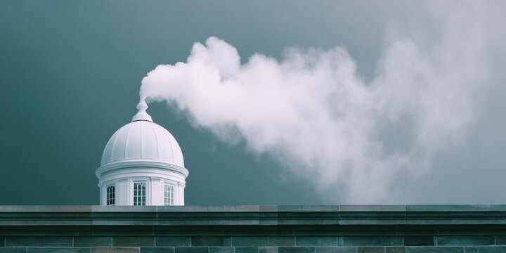 Ethereal Architectural Moment Historic Dome and Minimalist Smoke Signal - Contemporary Documentary Capturing Institutional Transition and Symbolic Communication