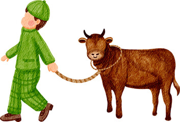 watercolor illustration of eid al adha boy with cow