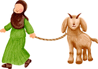 watercolor illustration of eid al adha woman with goat