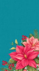 Obraz premium Red flower with green leaves and berries on a vibrant blue background, perfect for floral designs and banners.