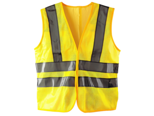 Bright yellow reflective safety vest with grey stripes on white