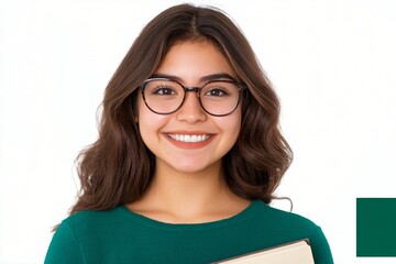 Obraz premium Happy Young Woman Student with Glasses Holding Book Smiling Cheerfully at Camera
