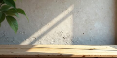 Obraz premium Sunlight illuminates a rustic wooden table against a textured wall, creating a minimalist backdrop ideal for product display or design presentations.