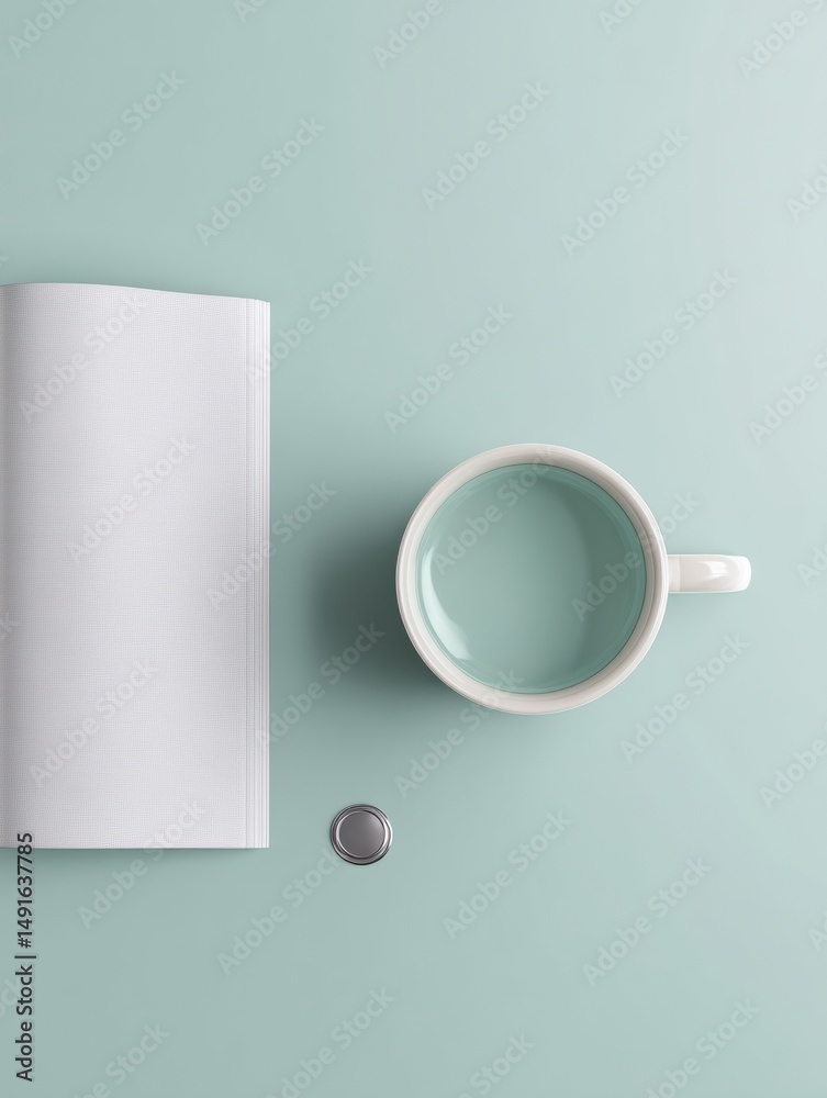 Poster Minimalist Workspace Serenity Tranquil Ceramic Mug and Soft-Touch Notebook in Calming Sage - Modern Productivity and Mindful Design Essentials