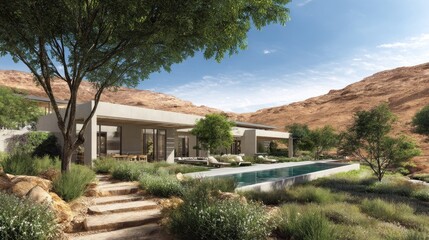 Desert Oasis Modern villa nestled in arid landscape with pool and mountains.