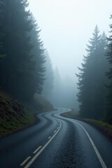 Serpentine road winding through a misty evergreen forest, a journey into the unknown