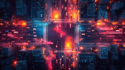 Fototapeta premium Urban intersection at night, vibrant colors, busy traffic