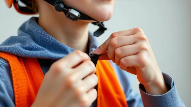A person fastens the chin strap of a safety helmet while wearing an orange vest, demonstrating proper safety gear usage.