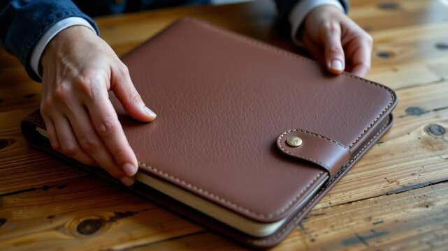 A person holding a closed brown leather portfolio folder on a wooden table, suggesting business or organization.