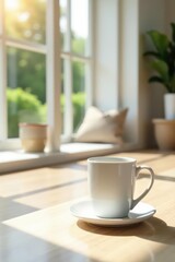Morning sunlight illuminates a simple white mug resting on a saucer atop a light wood surface, near a window with a view of nature's tranquility