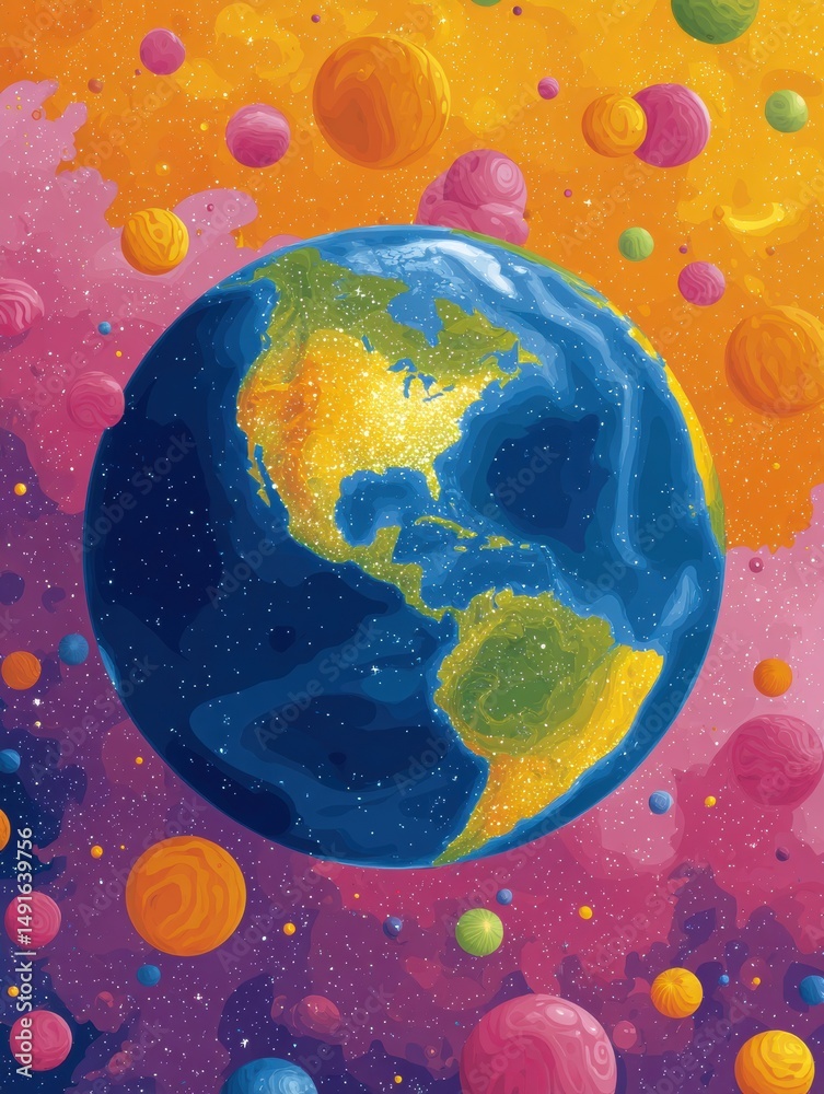 Poster cosmic cartography vibrant geo- of earths luminous planetary network - immersive digital art explori