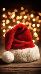 A raffia hat with white fur trim displayed on a rustic wooden table in soft natural light.