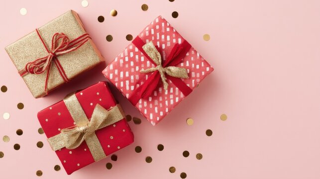 Three red and gold wrapped gifts on a pink background with scattered gold confetti, festive and vibrant.