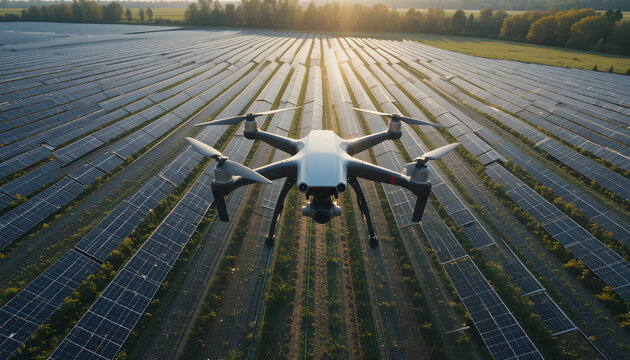 Nowoczesny dron unoszący się nad farmą paneli słonecznych, z widocznymi w tle turbinami wiatrowymi.