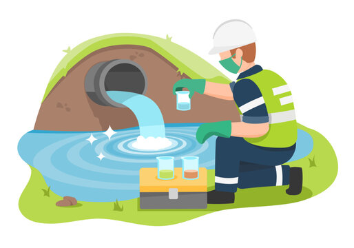 Industrial wastewater quality control by environmental technician collecting samples near drainage outlet in flat style illustration