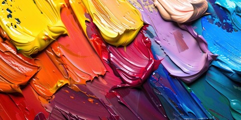 A colorful abstract painting of a rainbow with a mix of bright and muted colors.