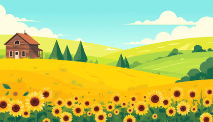 Sunny Meadows: Rustic Cabin and Golden Sunflowers