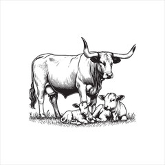 Black and White Vector of  Texas Longhorn Cow &ndash; Easy Tracing Illustration