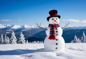 Obraz premium Snowy Hilltop Red Scarf Hat Snowman