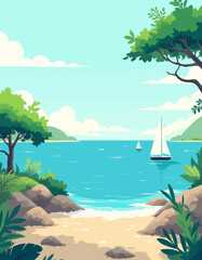 Obraz premium Tropical Beach Serenity: Sailboats, Palms, and Calm Waters