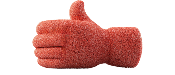 A red thumbs up gesture with a rough texture isolated against a bright white background is presented.
