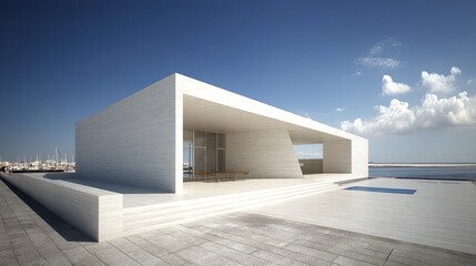 Fototapeta premium Modern coastal villa minimalist white architecture under a sunny blue sky.