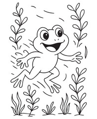 Coloring book Happy hopping frog in a whimsical pond. Delightful coloring page for children