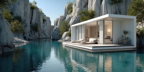 Floating Home Modern House on Water with Cliff View.