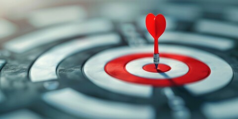 A red dart with a heart shape stuck in the center of a white target, with a blurred background.