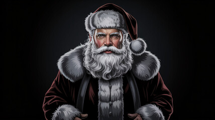 Realistic artistic Santa Claus portrait in deep red and fur-lined coat